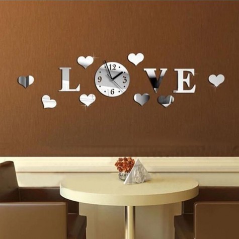 Creative Love 3D Acrylic Mirror Wall Sticker Quartz Clocks Watch Large Home Decor