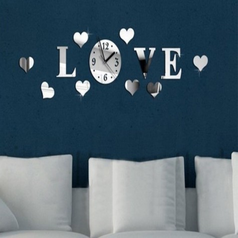 Creative Love 3D Acrylic Mirror Wall Sticker Quartz Clocks Watch Large Home Decor