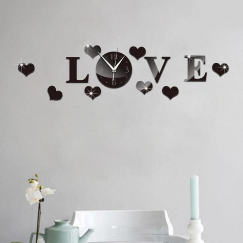 Creative Love 3D Acrylic Mirror Wall Sticker Quartz Clocks Watch Large Home Decor