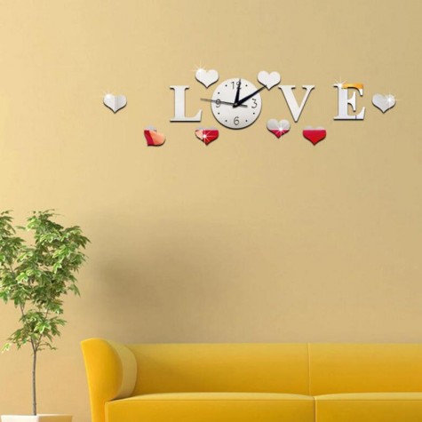 Creative Love 3D Acrylic Mirror Wall Sticker Quartz Clocks Watch Large Home Decor