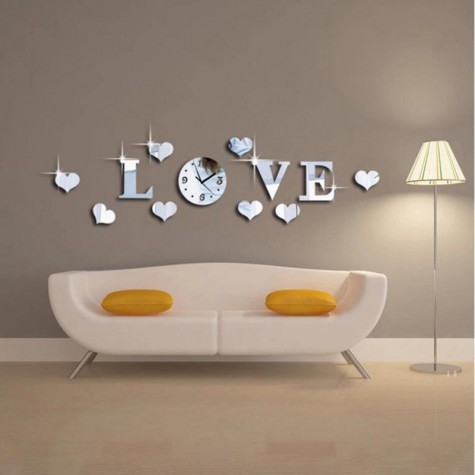 Creative Love 3D Acrylic Mirror Wall Sticker Quartz Clocks Watch Large Home Decor