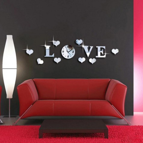 Creative Love 3D Acrylic Mirror Wall Sticker Quartz Clocks Watch Large Home Decor