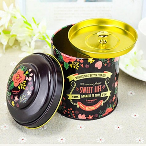 Double Cover Flower Pattern Tea Coffee Candy Storage Tin Box Organization Container