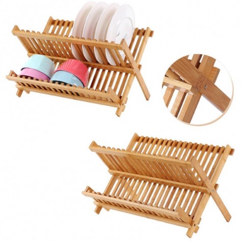 Foldable Bamboo Dish Drying Rack Plate Bowl Drainer Kitchen Storage Rack Organizer Holder  Grids Kitchen Tools x2