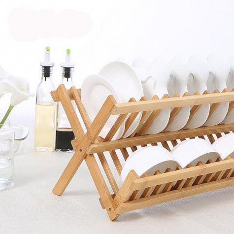 Foldable Bamboo Dish Drying Rack Plate Bowl Drainer Kitchen Storage Rack Organizer Holder  Grids Kitchen Tools x2