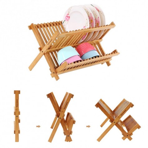 Foldable Bamboo Dish Drying Rack Plate Bowl Drainer Kitchen Storage Rack Organizer Holder  Grids Kitchen Tools x2