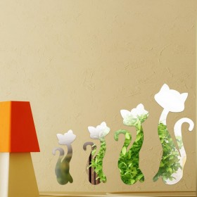 4Pcs Cute Silver DIY Sexy Cat Mirror Wall Stickers Home Wall Bedroom Office Decor