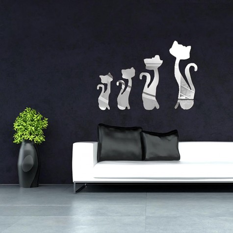 4Pcs Cute Silver DIY Sexy Cat Mirror Wall Stickers Home Wall Bedroom Office Decor