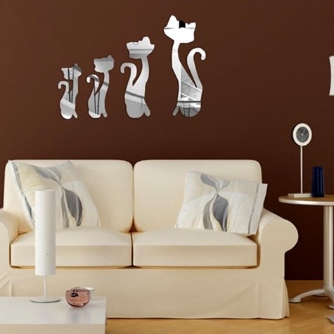 4Pcs Cute Silver DIY Sexy Cat Mirror Wall Stickers Home Wall Bedroom Office Decor