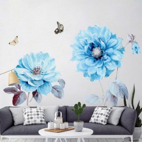 PVC Blue Flower Kitchen Wall Sticker Vinyl Art Decals Cafe Diner Hearts DIY