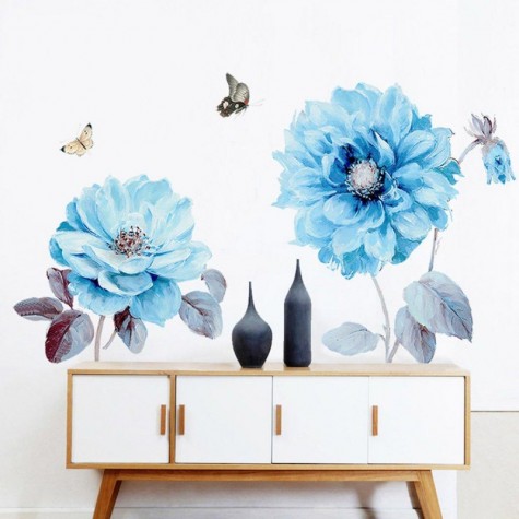 PVC Blue Flower Kitchen Wall Sticker Vinyl Art Decals Cafe Diner Hearts DIY