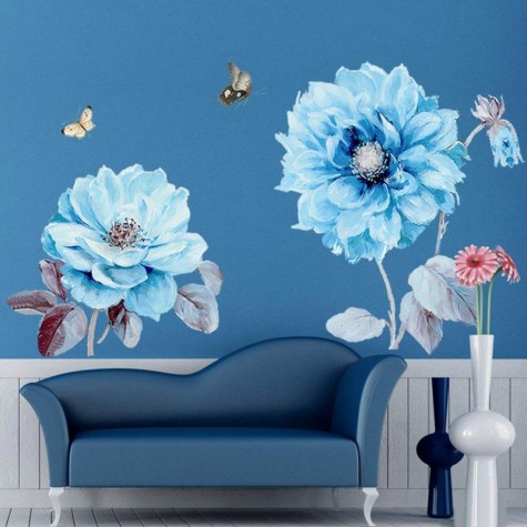 PVC Blue Flower Kitchen Wall Sticker Vinyl Art Decals Cafe Diner Hearts DIY