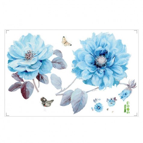 PVC Blue Flower Kitchen Wall Sticker Vinyl Art Decals Cafe Diner Hearts DIY